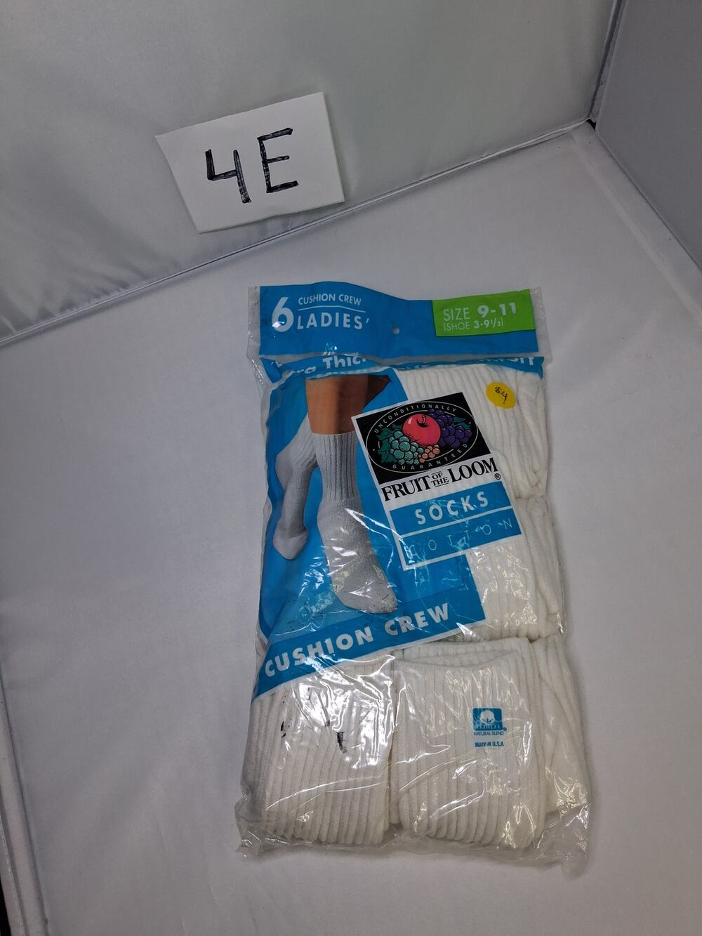 4E Vintage NOS Fruit of the Loom 100% Cotton Crew Sock 9-11 6pk